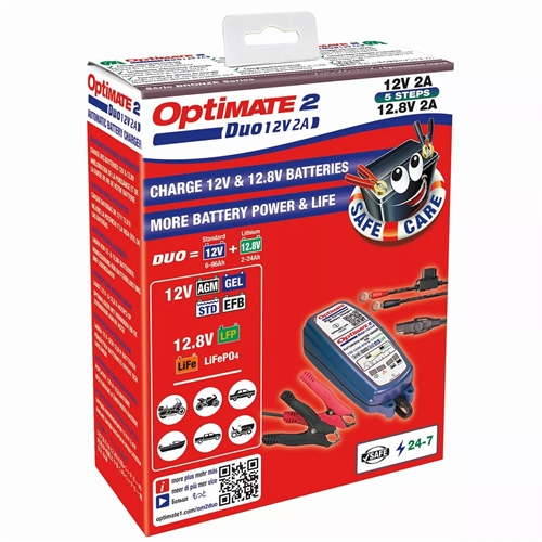 Batteriladdare Optimate 2 Duo, tillbehör, reservdelar, snöskoter, moped, cross, rinab